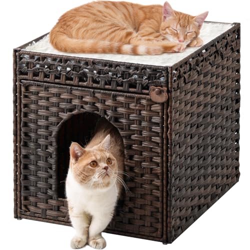 SETVSON Cat Beds for Indoor Cats Extra Large Double Cat Cave Pet Cube, Handwoven Rattan Cat Houses with Double-Sided Soft Cushions, 18.5 x 20.5 x 19.1 Inches Foldable Hideaway in Living Room Brown - color: Brown, size: Rectangle-XL