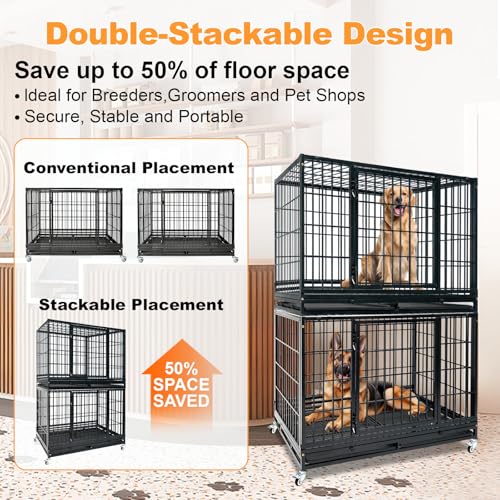 Homey Pet Heavy Duty Dog Crate for Large Dogs, 47 Inch Stackable Large Dog Cage with 4 Wheels, 2 Removable Trays and Grids, Multi Locks Strong & Solid Escape Proof Dog Kennel Indoor - size: 46.5"L x 28.5"W x 35"H