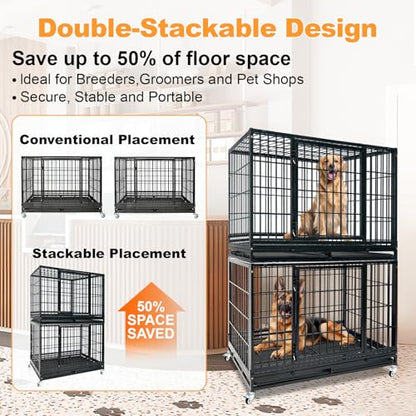 Homey Pet Heavy Duty Dog Crate for Large Dogs, 47 Inch Stackable Large Dog Cage with 4 Wheels, 2 Removable Trays and Grids, Multi Locks Strong & Solid Escape Proof Dog Kennel Indoor - size: 46.5"L x 28.5"W x 35"H