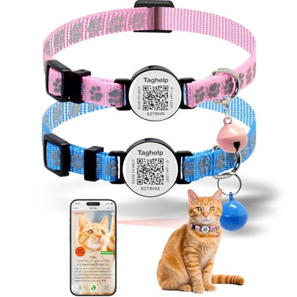 2 Pack QR Code Cat Collar with Instant Lost Pet Recovery System, Scan for Urgent Alerts & Location Info, Breakaway Reflective Collar with Safety Bell (Blue & Pink) - color: Paw pattern - Blue & Pink