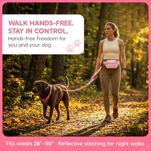 Hands Free Dog Leash with Zipper Storage Pouch - Waist Belt Bungee Running, Walking & Hiking Leash - Padded Handle - Seat Belt Attachment - Reflective No Pull Control for Medium Large Dogs 10-120 lbs - color: Queens Pink