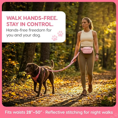 Hands Free Dog Leash with Zipper Storage Pouch - Waist Belt Bungee Running, Walking & Hiking Leash - Padded Handle - Seat Belt Attachment - Reflective No Pull Control for Medium Large Dogs 10-120 lbs - color: Queens Pink