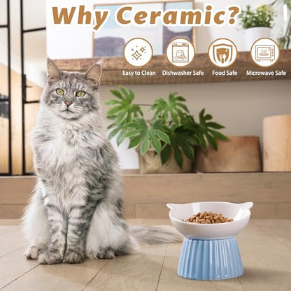 Ceramic Raised Cat Bowl，Tilted Raised Cat Bowl Anti Vomit Cat Bowls for Indoor Cats Whisker Friendly Pet Feeder for Cats Puppies, Microwave and Dishwasher Safe, Blue - color: Blue