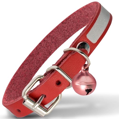 Filbert Leather Cat Collar, Reflective Cat Collar, Leather Accessories with Bell, Bird Warning, Suitable for Indoor and Outdoor, Non Breakaway, Durable, Stylish Design, Red - color: Red, size: S: ⅜" W x 6-8" Neck