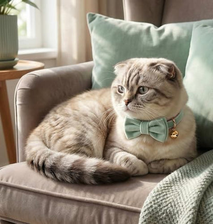 Personalized Velvet Cat Collar with Bell, Custom Engraved Name and Phone Number, Adjustable Luxury Kitten Collar, Non-Breakaway Secure ID Collar for Cats and Kittens - color: Mint Green, size: S