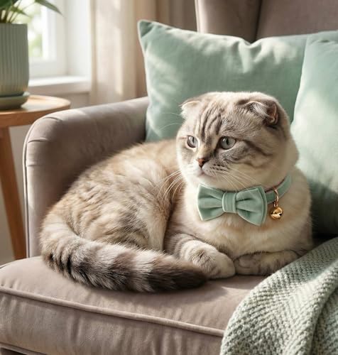 Personalized Velvet Cat Collar with Bell, Custom Engraved Name and Phone Number, Adjustable Luxury Kitten Collar, Non-Breakaway Secure ID Collar for Cats and Kittens - color: Mint Green, size: L