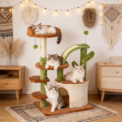 Cactus Cat Tree for Indoor Cats, 36.6" Small Cat Tower with Sisal Scratching Posts, Stable Cat Condo with Perches and Climbing Steps, Brown - color: Brown-1