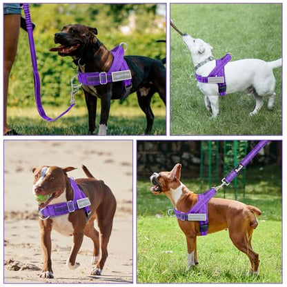 Lukovee No Pull Dog Harness and Leash Set - Heavy Duty Dog Vest with Soft Velvet Padding for Medium Large Dogs, Adjustable Reflective Tactical Harness with 2 Control Handles & Front Clip (L, PU) - color: Purple, size: Large