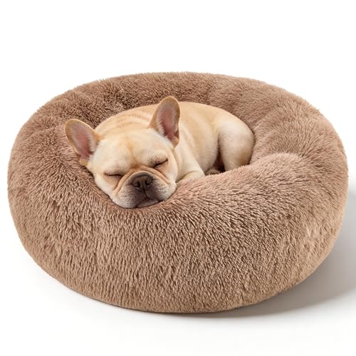 Dog Calming Beds for Small Medium Large Dogs - Round Donut Washable Dog Bed, Anti-Slip Faux Fur Fluffy Donut Cuddler Anxiety Cat Bed(28" Khaki - color: khaki, size: 28"L x 28"W x 8"Th
