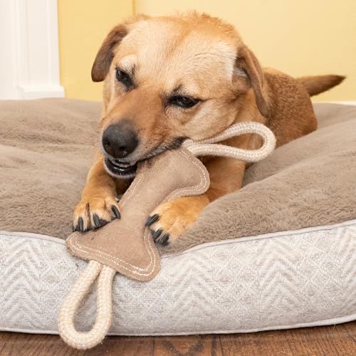 SPOT Dura-Fused Leather Bone Tug Dog Toy – Durable Real Leather & Jute Chew Toy with Double Rope Handles & Squeaker, For Moderate Chewers, 18in - size: 18 in