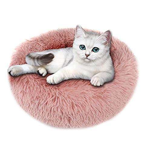 otoez Kitten Puppy Bed Extra Small XS Round Dog Cat Beds Anti Anxiety Plush Pet Calming Donut Bed with Non-Slip Waterproof Bottom, Washable (15.7", Pink) - color: Pink, size: 15.7"