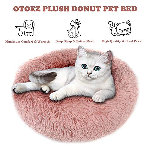 otoez Kitten Puppy Bed Extra Small XS Round Dog Cat Beds Anti Anxiety Plush Pet Calming Donut Bed with Non-Slip Waterproof Bottom, Washable (15.7", Pink) - color: Pink, size: 15.7"