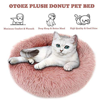 otoez Kitten Puppy Bed Extra Small XS Round Dog Cat Beds Anti Anxiety Plush Pet Calming Donut Bed with Non-Slip Waterproof Bottom, Washable (15.7", Pink) - color: Pink, size: 15.7"