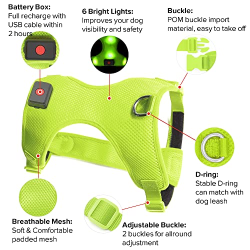 LED Dog Harness - Safety Light Up Dog Vest, No-Pull Dog Harness, Rechargeable Glowing Pet Harness for Dogs Nighttime Walking (Green, Medium) - color: Green, size: Medium