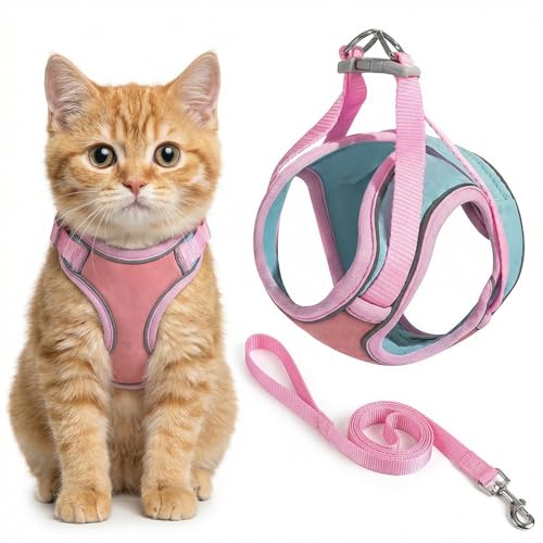 Cat Harness and Leash, Escape-Proof Cat Harness Set, Adjustable Step-in Pet Harness for Walking for Small Medium Cats (Pink, M)
