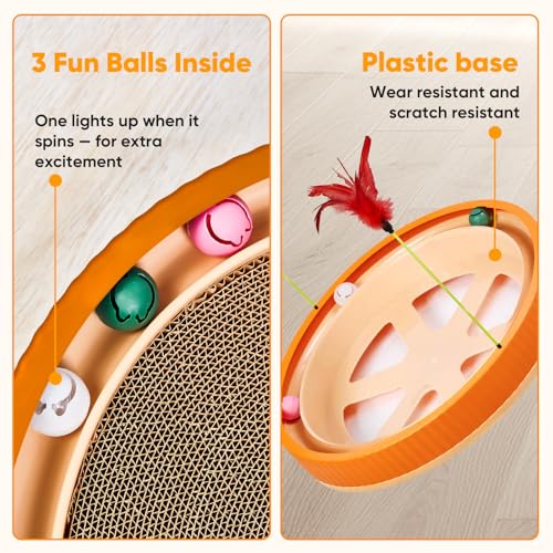 Extra-Large Round Cat Scratcher Bed with Ball Track – 3-in-1 Circular Cardboard Scratching Pad with Feather Toys – Interactive Cat Toy Round Track for Large Breeds Like Maine Coons (Orange) - color: Orange