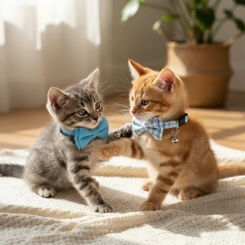 3pcs Bow Tie Cat Collar with Bells, Breakaway Bowtie Plaid Cat Collar, Soft Adjustable Bow Cats Collars for Kitten Puppy and Small Pets - color: blue