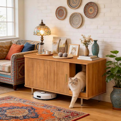 DHH Cat Litter Box Enclosure with Scratch Pad, Sliding Door, 38.5" Cat Litter Furniture Hidden Litter Box Cabinet, Modern Indoor Cat House, TV Stand, Side End Table for Living Room(Yellow Walnut) - color: Yellow oak