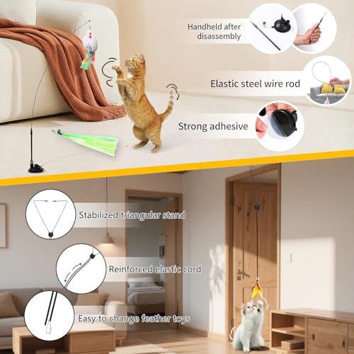 4-in-1 Interactive Cat Feather Toys with Durable Retractable Fishing Pole, Enhanced Suction Cup Toy, Door Hanging Teaser Toy and 11 Attachments Replacements for Bored Indoor Adult Cats - style: 16 Wand /Suction Cup