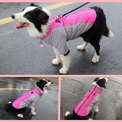 Dog Coat with Harness, Warm Dog Winter Coat Waterproof Dog Cold Weather Jacket Padded Dog Fleece Vest for Small Medium Large Dogs, Reflective High Collar Dog Winter Snowsuit Coat, Rose Red 2XL - size: XX-Large