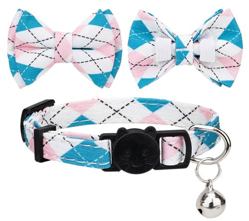 Cat Collar with Bow Tie 2pcs Set Bell Boy Girl Kitten Safety Plaid Grid Checkered Solid Color Suede Velvet Cute Soft Gift C-[2pcs] Argyle - color: Style C-[2pcs] Argyle