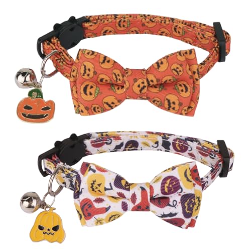 PTDECOR Halloween Cat Collars with Bow Tie Bell, 2 Pack Kitten Collar with Removable Bowtie Halloween Pumpkin Collar for Cats Kittens - color: Halloween-2