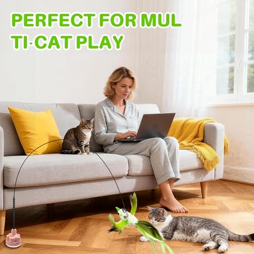 Walfront Christmas Cat Toys, Green Feather Bird Wand with Pink Flower Suction Base, Fishing Rod Design, Indoor Play for Adult Cats, Single Cat Homes, Fun Self Play and Relaxing Mood
