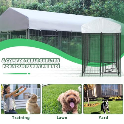 LEMBERI Large Outdoor Dog Kennel 8x4x6 FT, Escape-Proof Dog Run with Double-Latch Gate, Heat-Reflective Sunshade Cover & 2 Stainless Steel Bowls, Heavy Duty Galvanized Steel Dog Cage Enclosure - size: 93.8"L x 50.3"W x 68.8"H