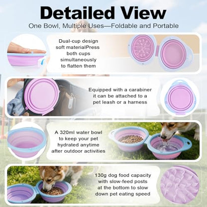 Purple Collapsible Dog Bowls with Carabiner 2-in-1 Foldable Slow Food Bowl(130g)&Water Bowl(320ml) for Dogs and Cats Travel - color: Purple