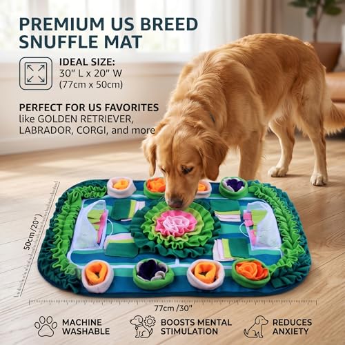 Large 30"x20" Snuffle Mat for Dogs and Cats, Soccer Field Pet Puzzle Toy, Non-Slip Fleece Foraging Mat for Mental Stimulation, Slow Feeder for Pups and Rabbits
