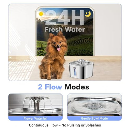 Stainless Steel Cat Water Fountain – 2.2L/74oz Ultra-Quiet Pump, Visible Water Level, Dual Flow Modes – Automatic Pet Water Dispenser for Cats & Small Dogs - color: Silver