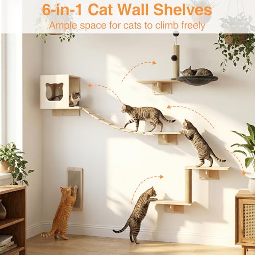 Cat Wall Shelves, Modern Wall-Mounted Cat Furniture Includes House, Bridge, Steps, Scratcher, Perch & Lounge for Indoor Cats, Space-Saving Wall Mounted Cat Shelves for Play & Rest - size: 6-in-1 Cat Shelves