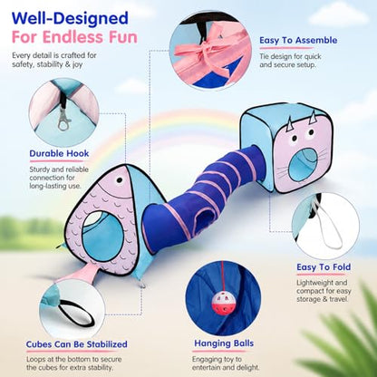 Rypet Cat Toy Tunnel and Cubes Bundle - Interactive Crinkle Collapsible Cat Tube and Foldable Cubes Playground for Kitty, Rabbit, Puppy, Ferret Hiding Hunting and Resting - color: Blue