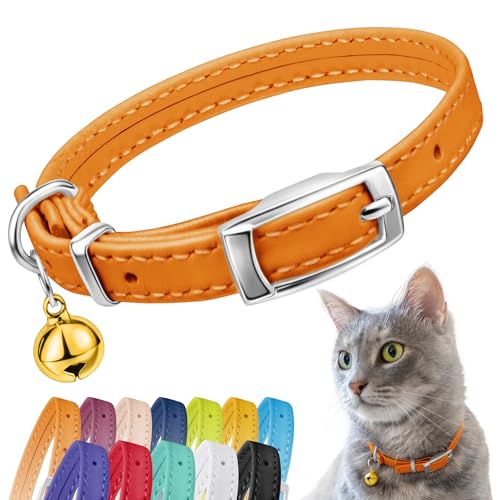CollarDirect Leather Cat Collar with Removable Bell – Safety Elastic Strap (Breakaway Alternative) – Kitten Collar for Small & Big Boy & Girl Cats - color: Orange, size: 6-7 Inch