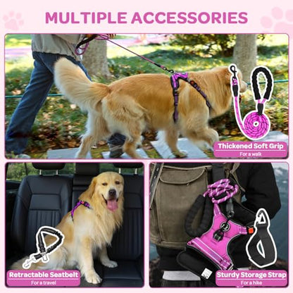 Plaid Dog Harness for Small Dogs, Reflective No Pull Adjustable Pet Vest with Front Clip, Leash, Easy Control Handle and Seat Belt, Rose, S - color: Rose, size: Small