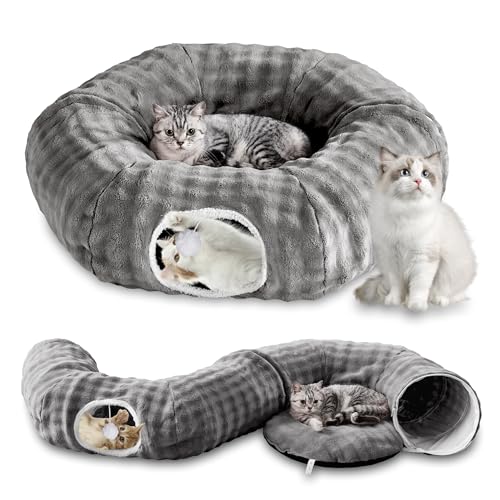 Bubble Cat Tunnel for Indoor Cats, Round Peekaboo Cave Toy with Dangling Balls, Donut Tunnel Bed with Circle Mat for Puppy Kitten Rabbit, Grey - color: Grey