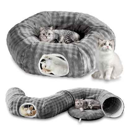 Bubble Cat Tunnel for Indoor Cats, Round Peekaboo Cave Toy with Dangling Balls, Donut Tunnel Bed with Circle Mat for Puppy Kitten Rabbit, Grey - color: Grey