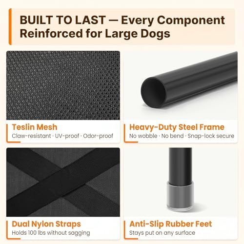 Petsfit Elevated Dog Bed for Large Dogs – Patented Anti-Sag Tension Bar, Cooling Raised Dog Cot for Outdoor/Camping/Indoor, Teslin Mesh, Non-Slip Frame, 48" - size: L-48"