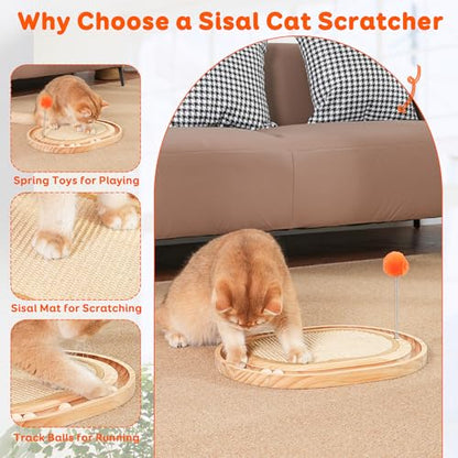Cat Scratch Pad with Ball Track and Spring Toy, Wooden Cat Scratcher with Sisal Scratching Mat, Ball Track System and 3 Replacement Toy for Cats Scratching,Chasing and Playing (Nature Wood)
