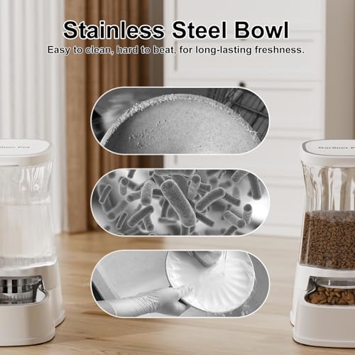 Automatic Pets Gravity Feeder and Water Dispenser Set, 1Gallon x 2 Stainless Steel Food Feeder and Waterer, 100% BPA-Free Water Bowl Dispenser for Small&Medium Dogs, Cats, Puppies(White) - color: Pearl White, size: 1 Gallon (Water & food dispenser)