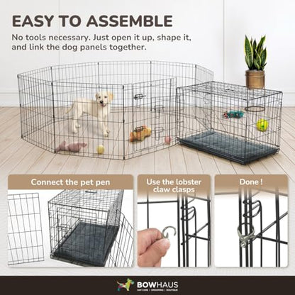 BOWHAUS Foldable Outdoor/Indoor Pet Playpen with Gate, Available in 36 Inch Height Metal Portable Kennel, Heavy-Duty Exercise Fence Cage 8 Panels for Large Dog, Animals - style: 36 Inch