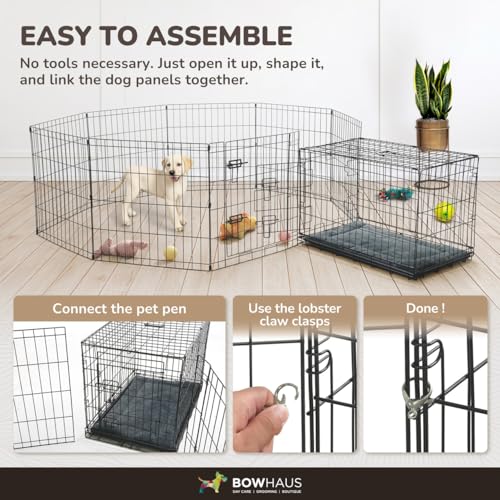 BOWHAUS Foldable Outdoor/Indoor Pet Playpen with Gate, Available in 30 Inch Height Metal Portable Kennel, Heavy-Duty Exercise Fence Cage 8 Panels for Medium Dog, Animals - style: 30 Inch