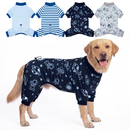 XPUDAC 4 Pack Dog Pajamas for Large Breeds, Dog Onesie with Drawstring Adjustable Lightweight Stretchy Pet Clothes for Large Dogs Boy Shed Defender Doggie Suit Pet Outfit, 4XL - size: 4X-Large(Chest:25.7~28.3")