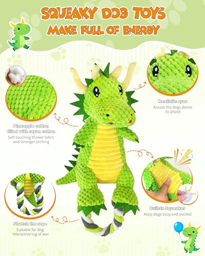 Jeefome Interactive Squeaky Dog Chew Toy,Plush Dog Rope Toys for Small Medium and Large Dogs,Tug of War Dog Toys to Keep Them Busy,Training Reward Gift,Teeth Cleanin - style: Dinosaur