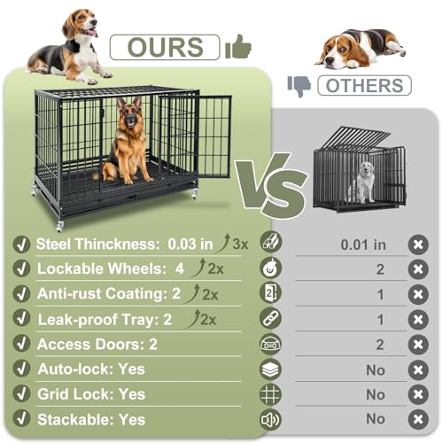 47 Inch Heavy Duty Dog Crate for Large Dogs, Two Tiers Chew-Proof Drop Cage for Dog with 4 Lockable Wheels, Escape Proof Auto-Lock & Buckle, Double-Access Wide Door Dog Kennel Indoor - size: 47.0"L x 29.0"W x 67.0"H