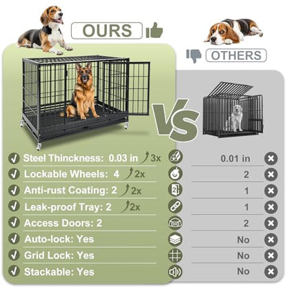 47 Inch Heavy Duty Dog Crate for Large Dogs, Two Tiers Chew-Proof Drop Cage for Dog with 4 Lockable Wheels, Escape Proof Auto-Lock & Buckle, Double-Access Wide Door Dog Kennel Indoor - size: 47.0"L x 29.0"W x 67.0"H