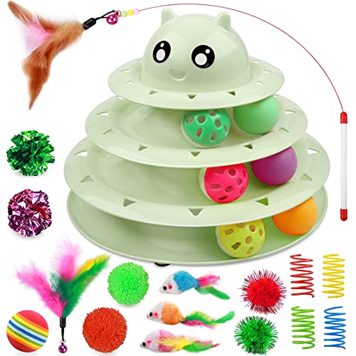UPSKY 20 PCS Cat Toys - 3-Level Turntable Roller with Balls for Indoor Cats, Kitten Set with Teaser, Mice, Spring, and Various Ball Toys - color: B-20PCS-Fruit Green