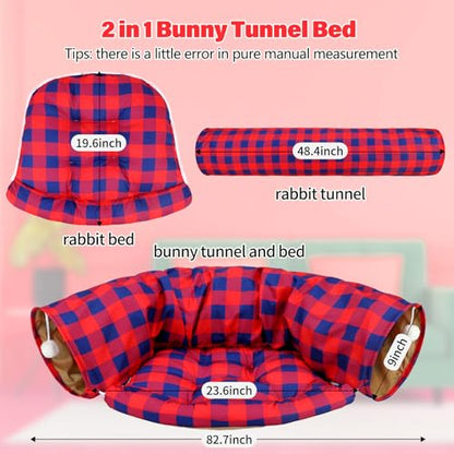 BWOGUE Bunny Tunnel Bed, 2-in-1 Collapsible Tunnel Tubes Toys with Removable Mat Hideout for Cats Kittens Rabbits Guinea Pigs Kitty (RedPlaid) - color: RedPlaid
