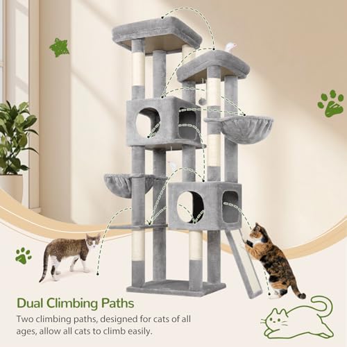 Globlazer 72in Heavy Duty Cat Tree Tower for Large Adult Cats, Multi-Level Cat Condo Stand with 2 Cozy Baskets & 6 Sisal Scratching Posts, S72E, Light Grey - color: Light Grey