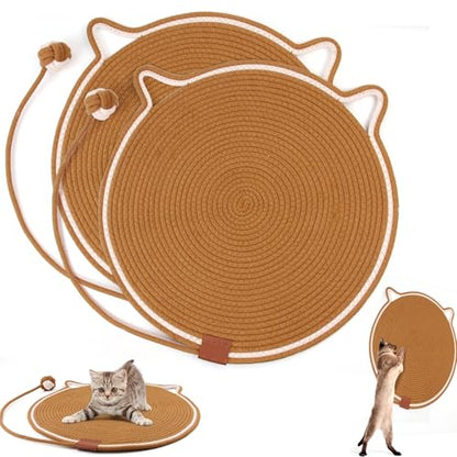 2-Pack Cat Scratching Mats, Natural Cotton Rope Scratch Pad with Ear Shape Hanging Hook and Play Ball, Furniture Protector for Wall, Floor, Sofa, Couch, Carpet, Brown